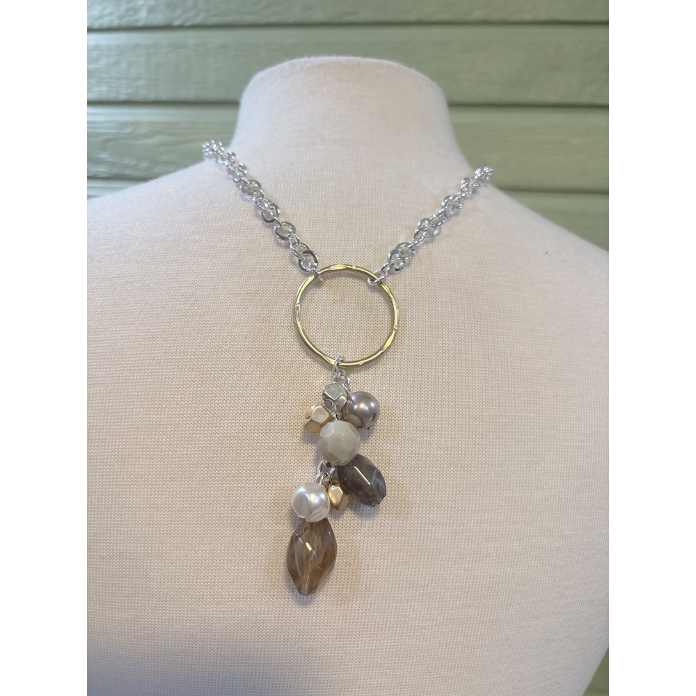 Chicos Bright Silver Long Chain with Gold Tone Dangle Beads Necklace